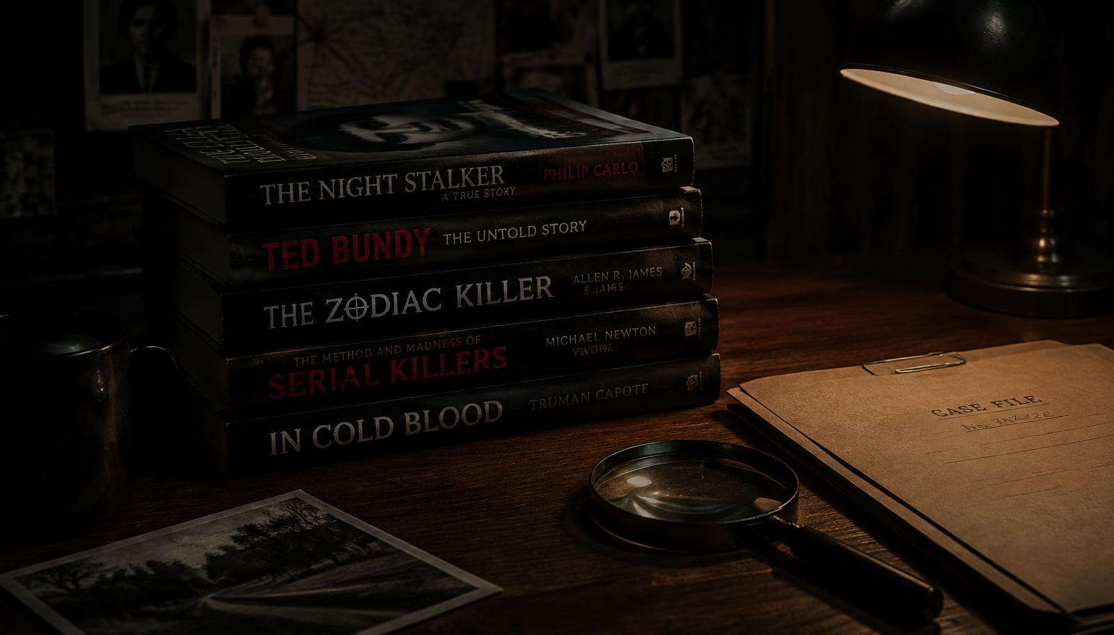 Stack of true crime books under a desk lamp